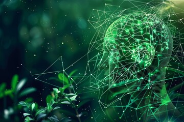 An abstract representation of a human mind intertwined with nature, showcasing the harmony between technology and the environment. Generative AI