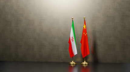 Iran and China flags on table. Negotiation between China and Iran. on background. 3D work and 3D...