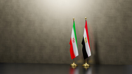 Iran and Egypt flags on table. Negotiation between Egypt and Iran. on background. 3D work and 3D...