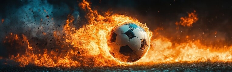 Fototapeta premium Soccer Ball Engulfed in Flames in Dramatic Fiery Motion