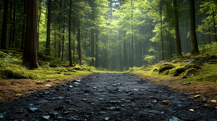 Obraz premium Forest Path Through Tall Trees with Sun Rays