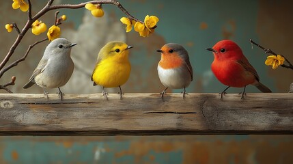 Fototapeta premium Colorful Birds Perched on a Branch in the spring