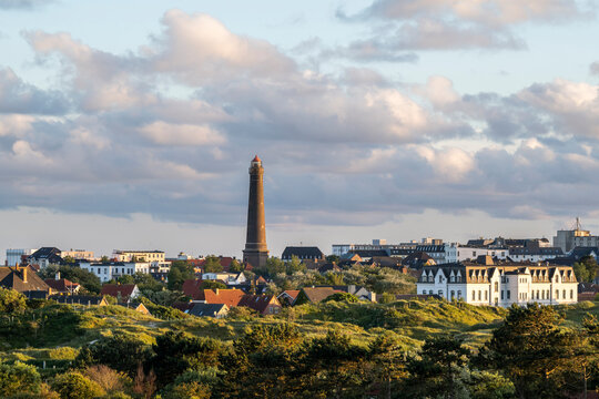 View over new lighthouse on the island of Borkum in Lower Saxony, Germany.
