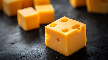 A simple Cheddar cheese cube with sharp edges and soft shadows, highlighted against a pitch-black matte surface. Gentle lighting from above, minimalist design, isolated subject, high contrast,