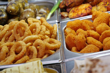 Potatoes cooked in various ways. Various boiled, fried and deep-fried foods