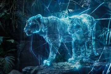 A pair of shimmering futuristic leopards poised gracefully in a vibrant jungle, showcasing a dazzling blend of nature and technology. Generative AI