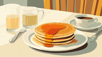 A simple meal of pancakes with syrup, a cup of coffee, and a glass of water on a clean breakfast table, set in a realistic home setting