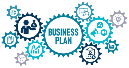 Business plan concept banner web website icons vector illustration with an icons of innovation, assets, marketing, strategy, sale growth, schedule, objective, on white background solid icons, editable