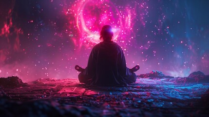 Obraz premium A figure sits in meditation, immersed in a cosmic landscape filled with vibrant colors and spiritual energy for enlightenment