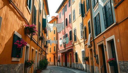 Obraz premium Tourist street with Italian-style houses featuring laundry on lines, full of charm.