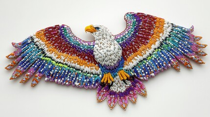 Vibrant Beaded Eagle Artwork Display on White Background