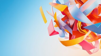 A cascade of abstract supplies rendered in sharp lines and bright, primary colors, suspended against a minimalistic, gradient background.