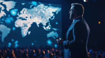 Obraz premium A global business leader giving a keynote speech on international trade, large audience at a modern business summit