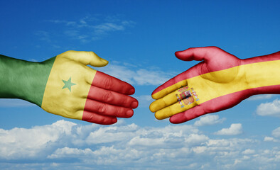 Spain and Senegal country handshaking with flags, consensus concept international co-operation illustration