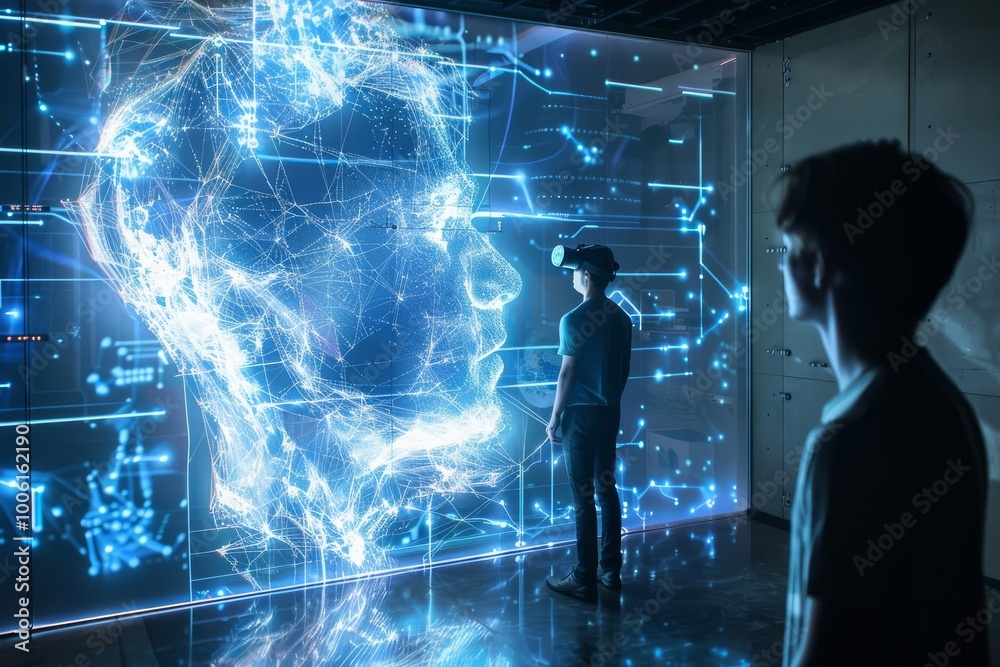 Poster exploring virtual reality technology as a user engages with an interactive holographic display at a 