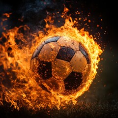 Fototapeta premium Soccer Ball Engulfed in Flames in Dramatic Fiery Motion