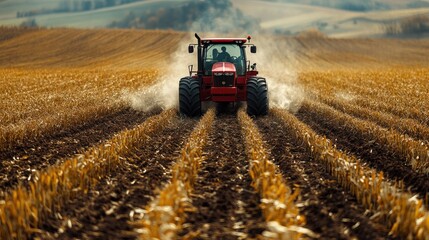 Fototapeta premium Red Tractor Plowing a Field