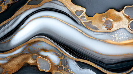 Luxurious golden marble texture with intricate patterns and flowing lines, showcasing blend of black, white, and gold hues. This elegant design evokes sophistication and style