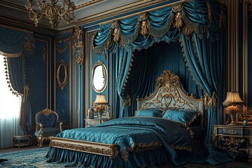 Fototapeta premium luxury classic royal bedroom with azure elegant traditional royal wooden bed with canopy royal beds and elegant intricate carving frame and vintage mirror 