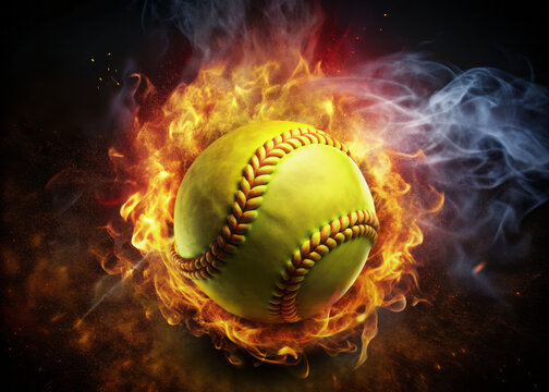 yellow softball engulfed in flames and smoke, creating dramatic and intense visual effect. vibrant colors and dynamic movement evoke sense of energy and excitement