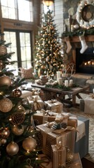 A Christmas tree is surrounded by many presents, including a large box with a bow on top