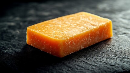 Close-up of a Mimolette cheese block with a vibrant orange color, spotlighted on a matte black surface. Soft lighting from the left, creating delicate shadows, minimalist style, isolated subject,