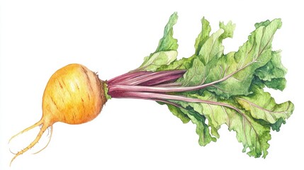 Watercolor Golden Beet with Leaves Illustration