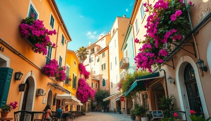 Obraz premium Traditional street with bougainvillea and ocean view, ideal for tourists.