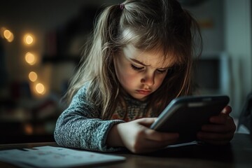 Girl sitting at desk looking down at smartphone screen