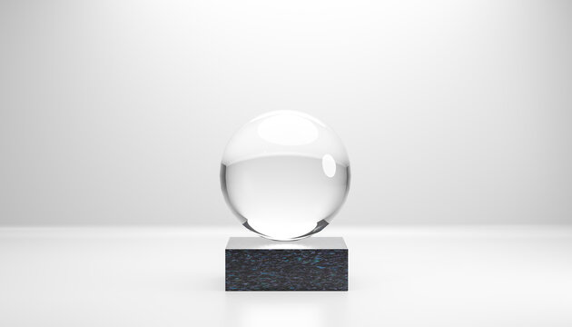 Minimalist 3D rendering of a glass sphere on a marble base with a clean background.