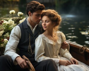 A couple dressed in Victorian era clothing enjoys a romantic rowing boat ride on a tranquil lake.