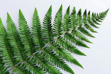A detailed close-up of a green fern frond isolated against a white background showing every intricate leaf pattern