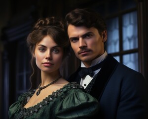 Loving couple in Victorian era clothes against the backdrop of a gloomy interior