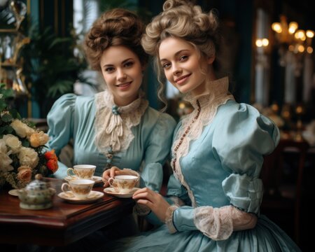 Two young women in elegant Victorian dresses drinking tea - Powered by Adobe
