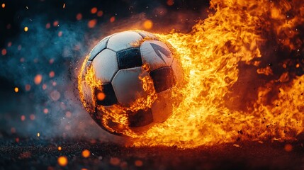 Fototapeta premium Soccer Ball Engulfed in Flames in Dramatic Fiery Motion