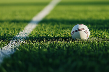 Baseball on Green Field with Soft Focus and White Line