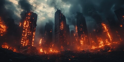 Post-Apocalyptic City with Burning Skyscrapers and Debris in a Dark Urban Landscape