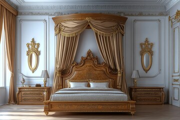luxury classic royal bedroom with apricot elegant traditional royal wooden bed with canopy royal beds and elegant intricate carving frame and vintage mirror 