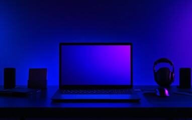A sleek workspace with a laptop, headphones, and speakers illuminated by a purple-blue glow.