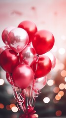 Red and Silver Celebration Balloons Against Bokeh Background