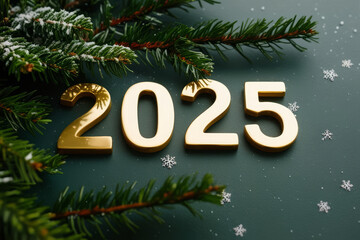 Numbers 2025 on emerald background with fir branches. New Year and Christmas concept. AI banner