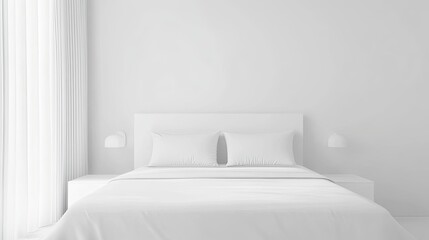 A minimalist bedroom featuring a white bed, pillows, and soft curtains, creating a serene and calming atmosphere.