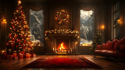 Cozy Christmas Living Room with Fireplace, Decorations, and Snowy View