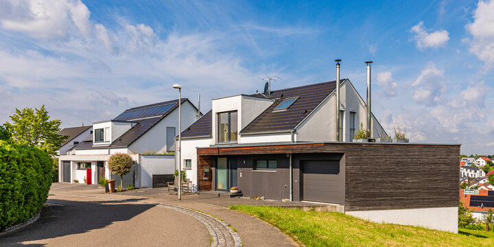 Modern single family homes with photovoltaic systems in Korb, Baden-Wuerttemberg, Germany.
