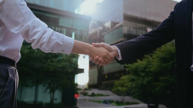 Business partners shake hands during finalization of deal