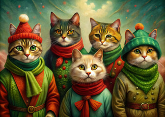 Five charming cats dressed in colorful winter attire, featuring vibrant scarves and hats, pose together against festive backdrop. Their expressive eyes and playful expressions evoke sense of joy and