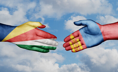 Mongolia and Seychelles country handshaking with flags, consensus concept international co-operation illustration
