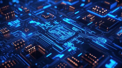 Futuristic Digital Circuitry Blueprint, an intricate blue background illustrating advanced electronic technology concepts, blending elements of digital design and fantasy realms.