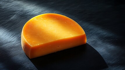 Elegant Gouda cheese wheel slice with smooth, round edges, softly illuminated on a dark minimalist background. Subtle spotlight from above, gentle shadows, isolated subject, high contrast,