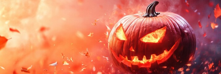 Spooky Jack-o'-Lantern Amidst Autumn Leaves - Celebrate Halloween Spirit with Festive Flair